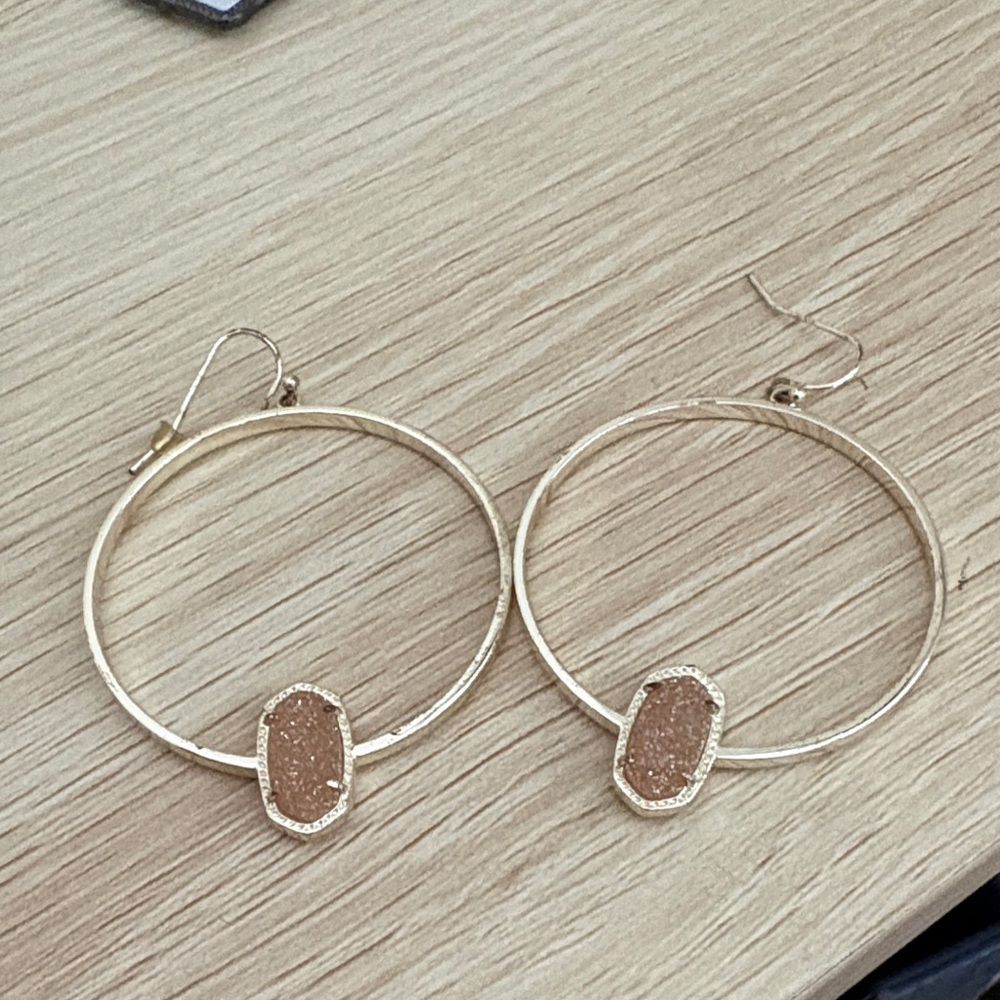 Gold Hoop Earrings with Champagne Druzy Accent - Women Jewelry